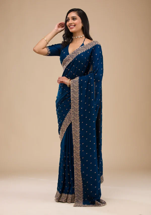 Navy Blue Zariwork Soft Silk Saree - Image 2
