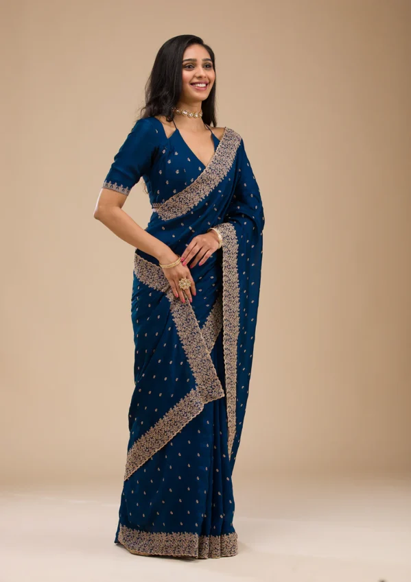 Navy Blue Zariwork Soft Silk Saree - Image 3