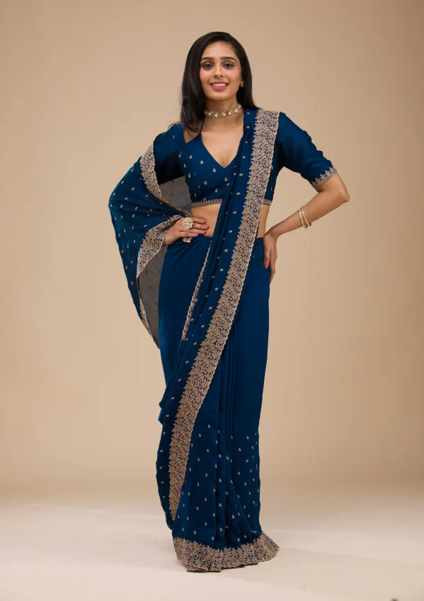 Navy Blue Zariwork Soft Silk Saree - Image 4